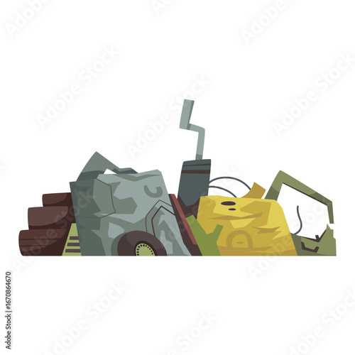 Vibrant Cartoon Illustration of Discarded Industrial Waste and Scrap Heap