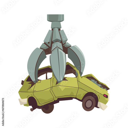 Mechanical Claw Holding a Car at a Junkyard for Recycling