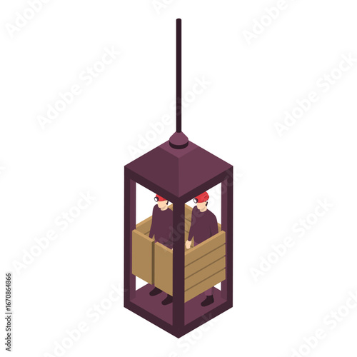 Isometric illustration of two workers in a vertical mine shaft lift, emphasizing industrial transport
