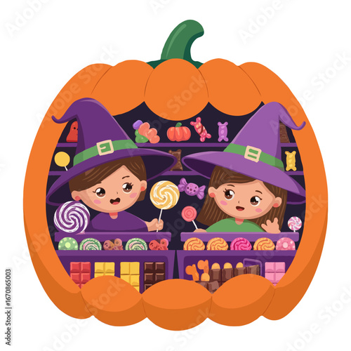 Cute Witch Girls Selling Halloween Candy in a Pumpkin Shaped Candy Store