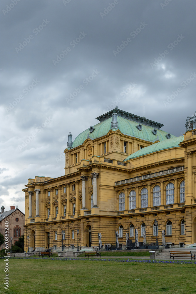 Fototapeta premium Museum of Arts and Crafts in Zagreb, Croatia, under a dramatic sky. An architectural icon of the capital, a symbol of culture and urban history.