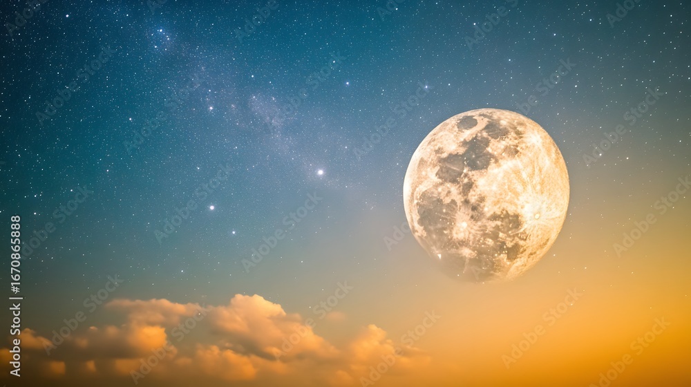 Fototapeta premium Giant Moon Over Cloudy Night Sky Starry Background