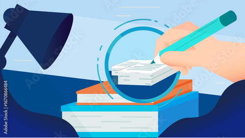 A hand holding a pencil writes an article in a notebook with several book references. Concept of a book author, journalist, or publishing editor. Flat design, vector illustration.
