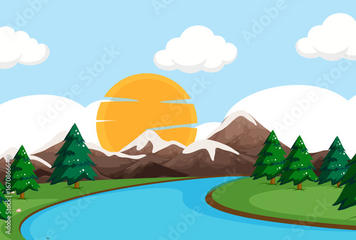 Serene cartoon landscape with a vibrant sun setting over majestic snow-capped mountains and a flowing river