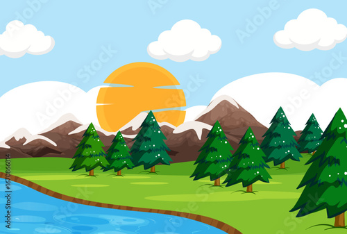 Serene Mountain Landscape with a River and Pine Trees Under a Bright Sun