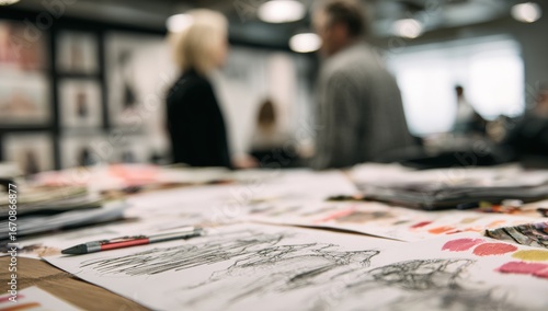 Fashion design sketches on a table in a modern office