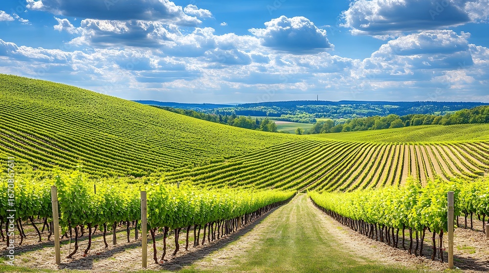 Naklejka premium Stunning Vineyard Landscape Rolling Hills Lush Green Grapes