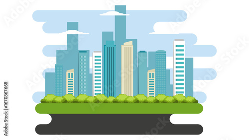 Flat design illustration of a modern cityscape with skyscrapers and trees