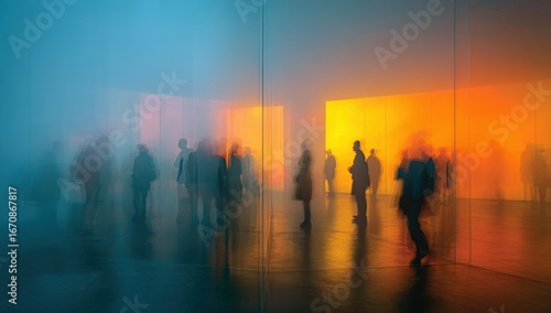 Abstract view of people in a gallery space. Blurry figures fill a room with vibrant color