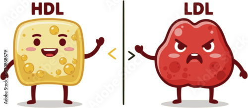 HDL and LDL cholesterol cartoon. Good fat and bad fat accumulated in the body.