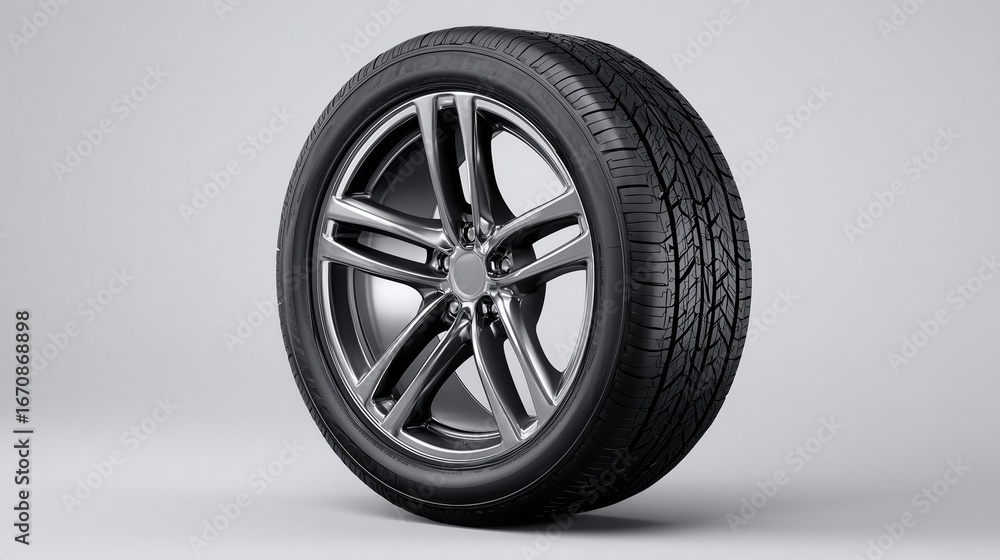 Fototapeta premium Car tire with alloy wheel on gray background.
