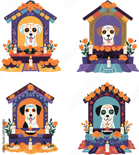 Four dog shrines for day of the dead with candles and marigolds on transparent background