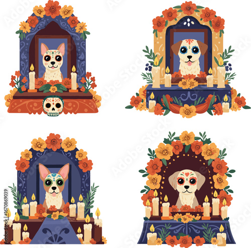 Four dog portraits in day of the dead altars with candles and flowers on transparent background