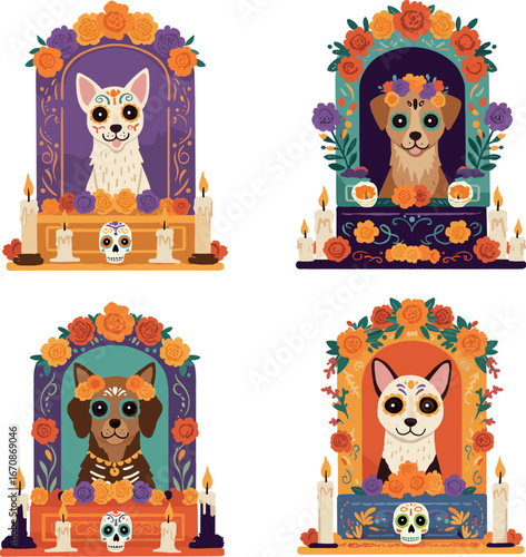 Four dog altars for day of the dead with candles, flowers, and skulls on transparent background