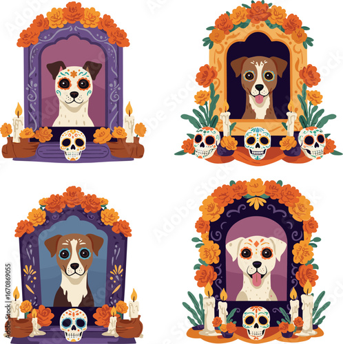 Four dog portraits in day of the dead style altars on transparent background