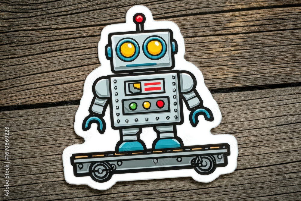 Fototapeta premium Retro-inspired robot standing confidently on a skateboard with mechanical features showcasing a vibrant personality and playful design expressing creativity in a tech-savvy world