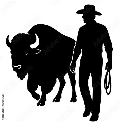 Cowboy riding bull in rodeo action pose, one hand gripping rope, other raised high, bull jumping fiercely, symbol of wild west courage and strength in arena performance