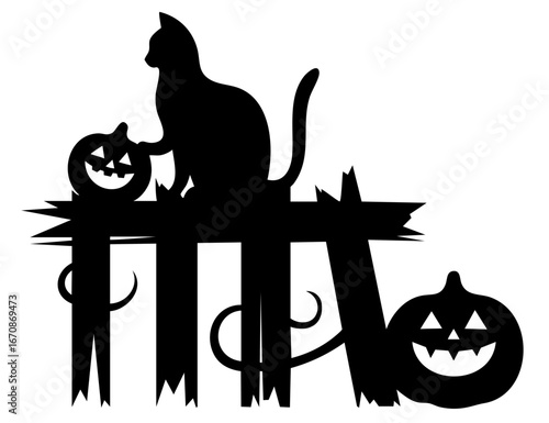 Black cat on an old wooden fence with jack-o’-lantern pumpkins. Atmosphere of a spooky Halloween night.