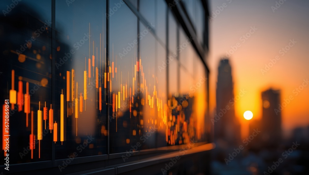 Fototapeta premium Financial data displayed on a modern building's windows at sunset