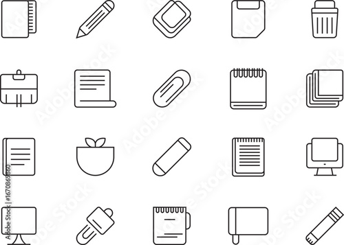 Minimal Line Style Stationery and Office Tools Icon Set Notebook, Document, Eraser, Marker, Paperclip, Trash Bin, Plant Pot, Briefcase, Monitor and Presentation Board Editable Vector Design Pack