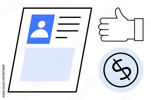 Resume with profile details, thumbs-up approval, and dollar sign. Ideal for hiring, recruitment, job search, salary negotiation, employment, professional growth and simple landing page