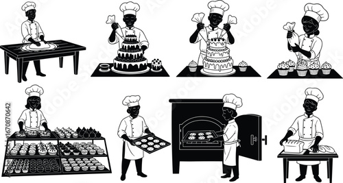 Black and white bakery cartoon illustration, kneading dough, decorating cakes, icing cupcakes, baking cookies, slicing bread, pastry preparation, professional kitchen scene