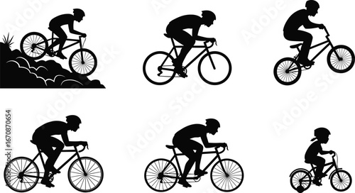 Black and white bicycle silhouette, cycling, mountain bike, road racing, BMX trick, casual ride, tricycle, sport, fitness, outdoor recreation