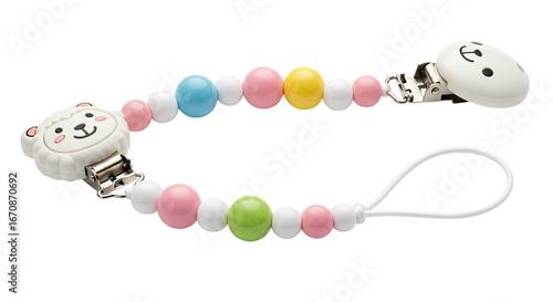Baby pacifier clip holder leash with cute animal design beaded chain for newborn infant toddler accessory on transparent background