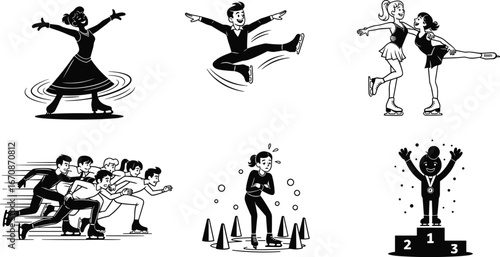 Black and white ice skating competition illustration, figure skating, speed skating, skills challenge, podium celebration, winter sports, athletic performance scenes