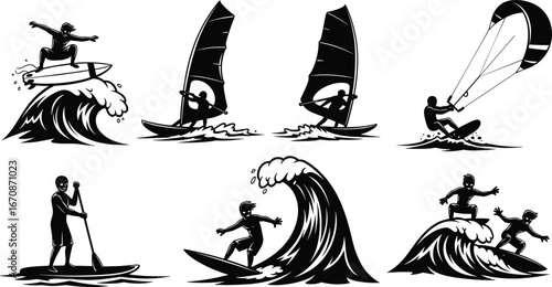 Black and white water sports silhouette, surfing, windsurfing, kiteboarding, paddleboarding, tandem surf, ocean waves, extreme sport, adventure, summer, beach activity