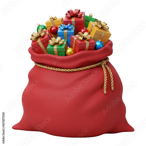 A large red sack overflowing with colorful Christmas gifts.
