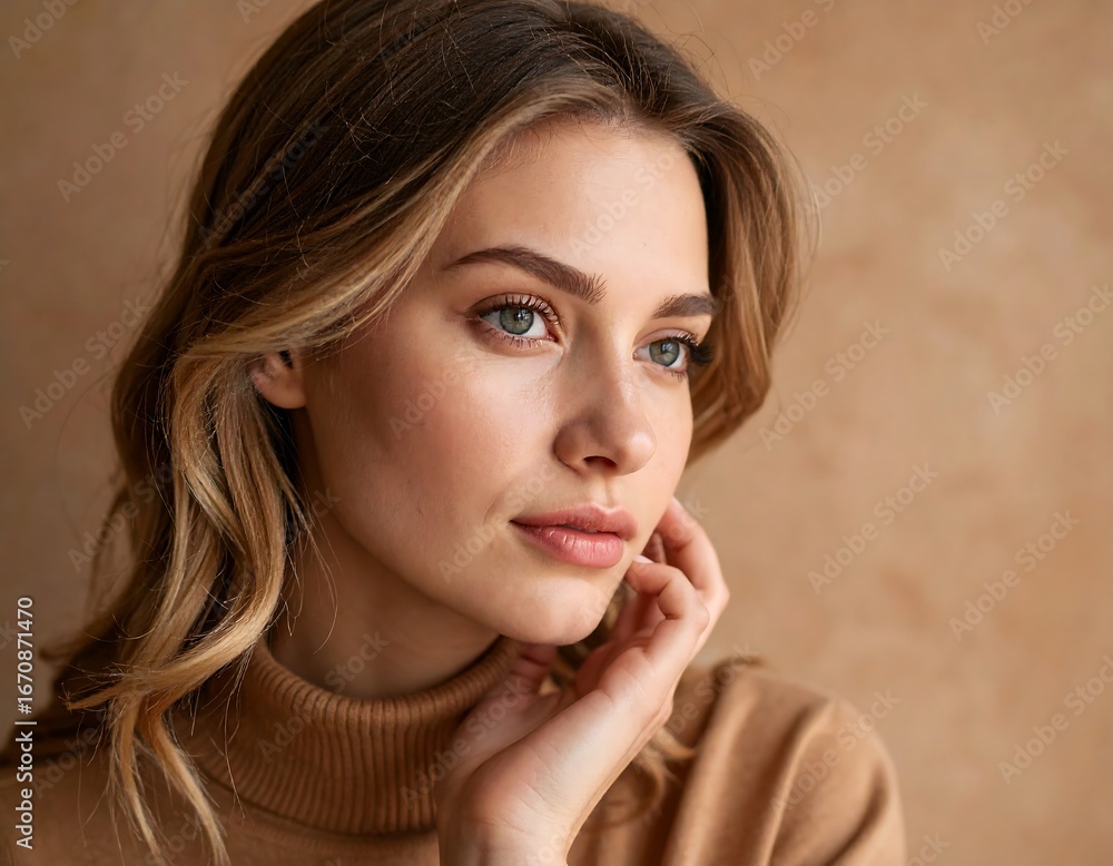 Fototapeta premium Woman pensive portrait with neutral background.