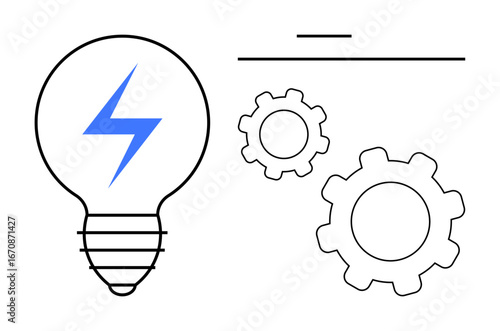 Lightbulb with blue lightning bolt and mechanical gears. Ideal for innovation, creativity, energy, technology, processes, teamwork, productivity, simple landing page