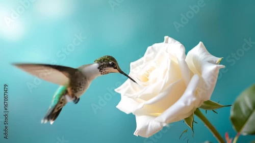 Hummingbird's Dance: A Gentle Encounter with a White Rose in Nature's Embrace, Delicate Beauty