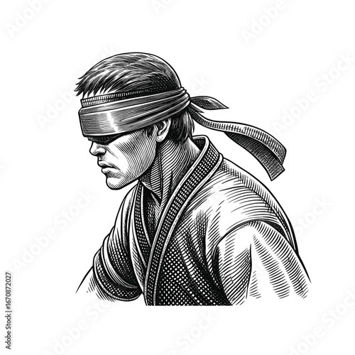Engraving of Blindfolded martial arts fighter with a serious expression