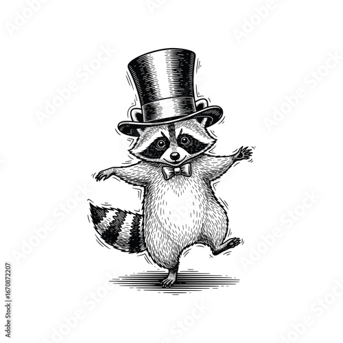 Engraving of a cheerful raccoon wearing a top hat and a bowtie
