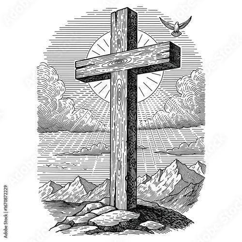 Engraving of a wooden cross on a mountaintop with a bright sky and dove flying overhead