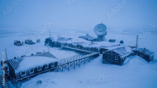 Icy Antarctic Research Station Under Snowfall, Harsh Weather.