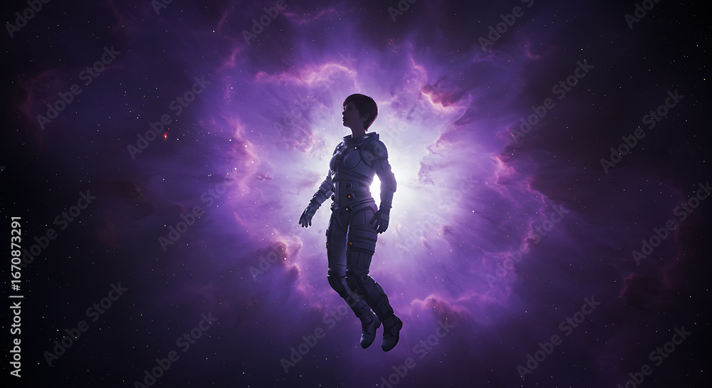 Naklejka premium Silhouette of a woman in futuristic suit floating against a vibrant purple and white nebula in outer space.