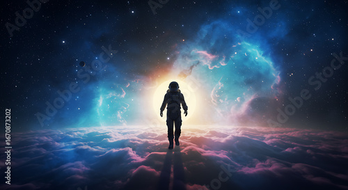 An astronaut stands on a cloud-like surface, silhouetted against a backdrop of vibrant, colorful nebulae and stars in a vast, cosmic expanse.
