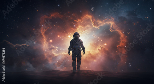 An astronaut stands on a desolate planet surface, gazing at a vibrant nebula and distant stars in the vast expanse of space.
