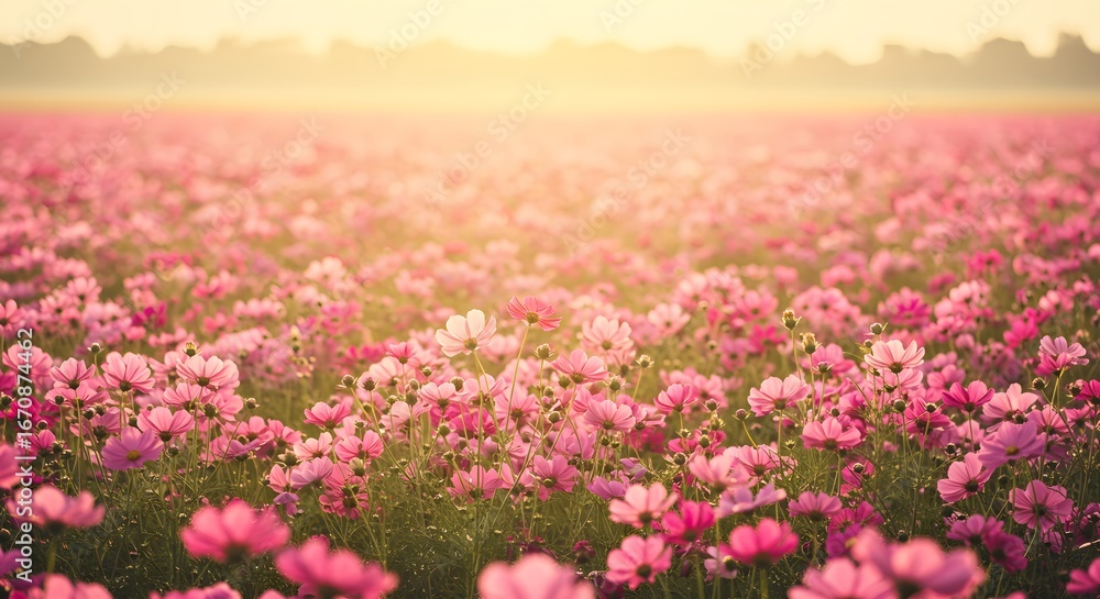 Obraz premium Fields of Blossoming beauty: A panorama of vibrant blossoms spreads across a field bathed in the soft glow of dawn or dusk, with a gentle haze.