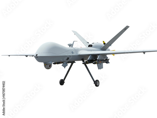 Modern military unmanned aerial vehicle drone with advanced surveillance technology isolated on transparent background