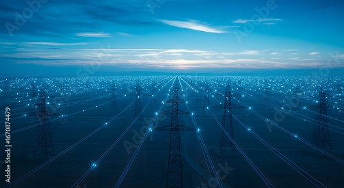 Electric Grid Under the Twilight Sky: A sweeping vista of an electric grid stretches towards the horizon beneath a tranquil, twilight sky, creating a sense of connection. 