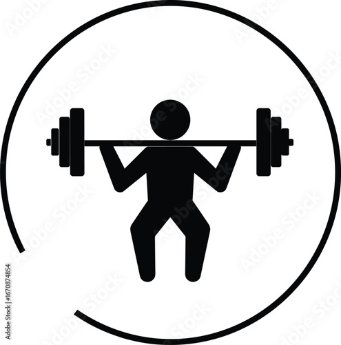 Weightlifting silhouette, fitness icon, strength training, barbell exercise, gym workout, black illustration, athletic power, circular design, squat pose, health symbol