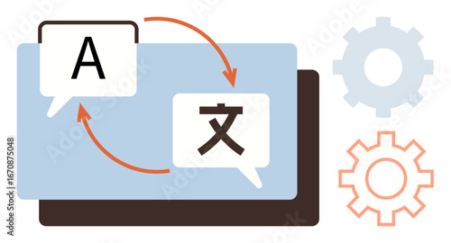 Speech bubbles with text in two scripts connected by arrows, gears in background. Ideal for translation, language study, communication, globalization, localization, technology education. Simple flat