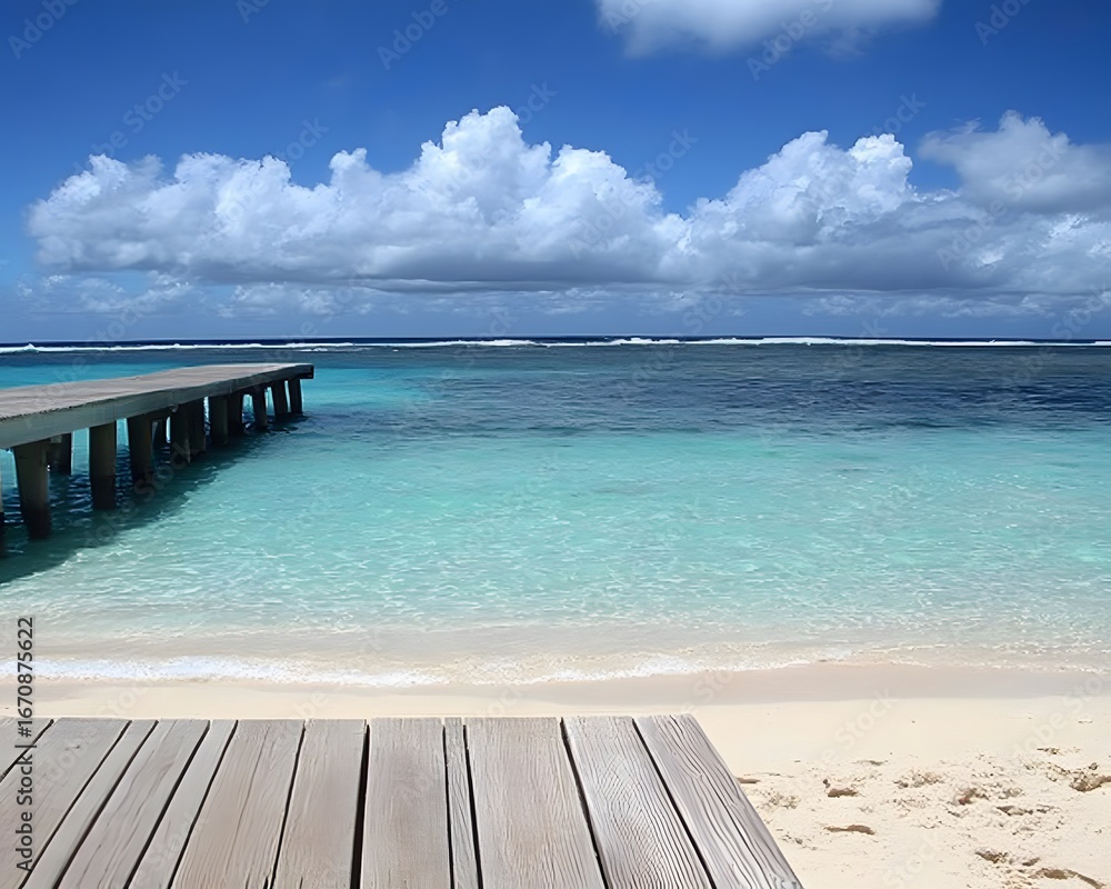 Fototapeta premium Serene Beach Pier Wooden Dock Turquoise Ocean Summer Vacation
