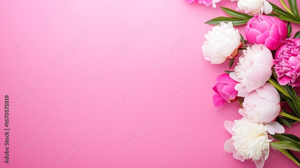 Fototapeta premium Beautiful Pink and White Peonies on Pink Background Floral Arrangement