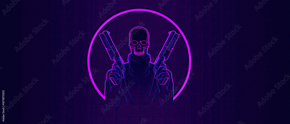 Naklejka premium Minimalistic Cyberpunk Soldier Banner with Skull Mask and Dual Guns in Neon Violet Outlin