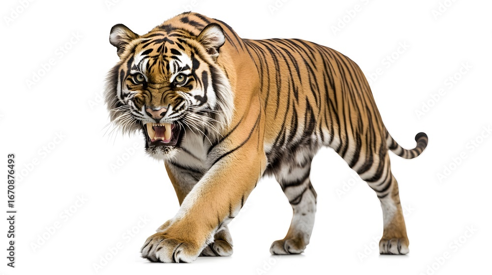 Naklejka premium Aggressive Roaring Tiger Walking on White Background